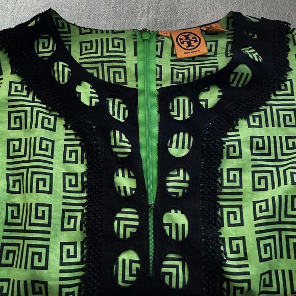 Tory Burch Geometric Tunic Green Black Lace Trim Back Zip - Women's Size 14 - Picture 3 of 13